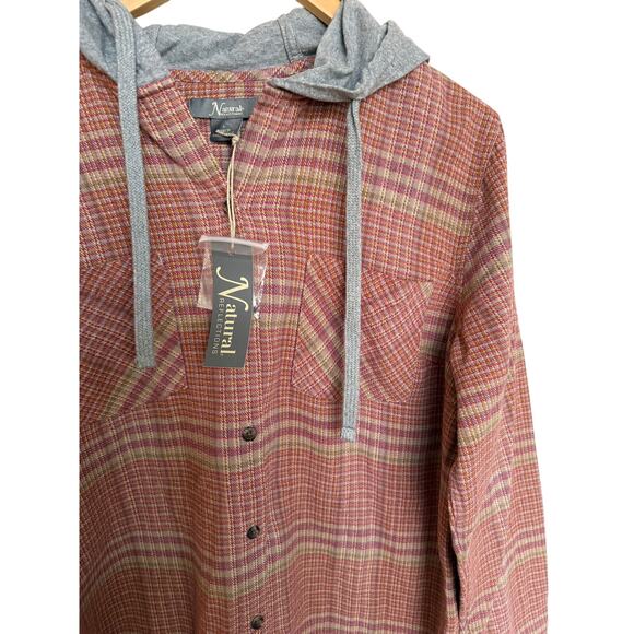 Natural Reflections Plaid Hooded Flannel Women’s Size L Tan Pink Button Up NWT - Picture 2 of 6